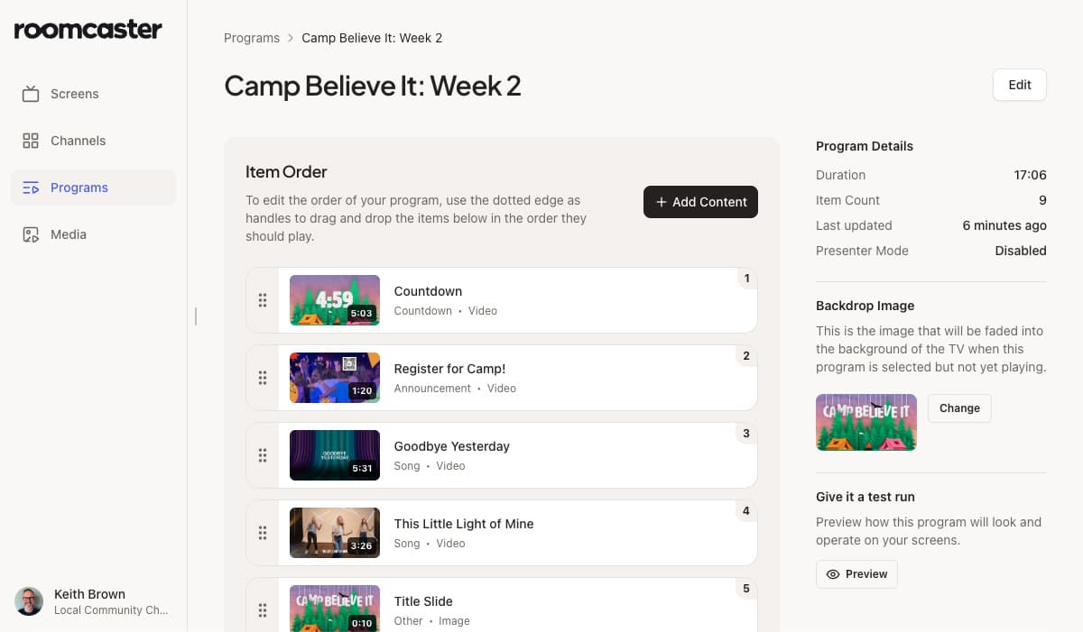 Roomcaster web dashboard — building a program playlist