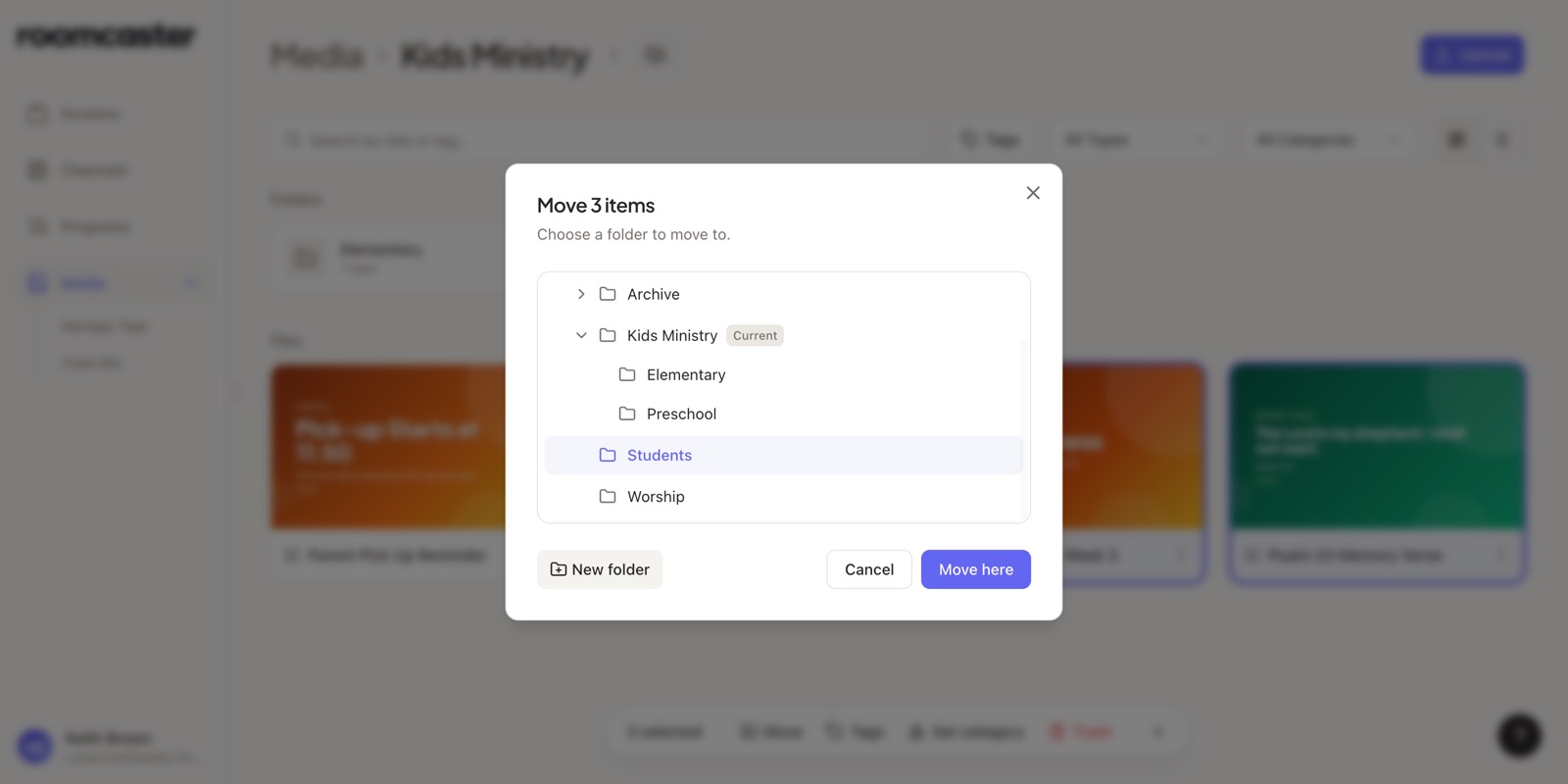The Move dialog showing the folder tree, with Kids Ministry marked Current and Students selected