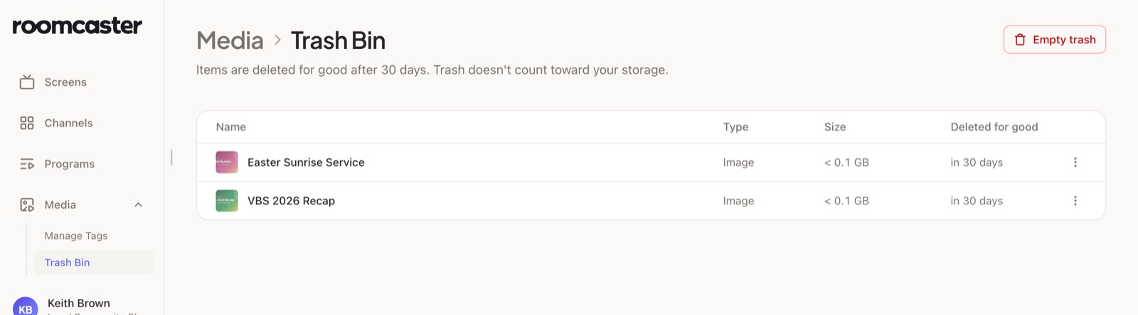 The Trash Bin listing two items, each deleted for good in 30 days
