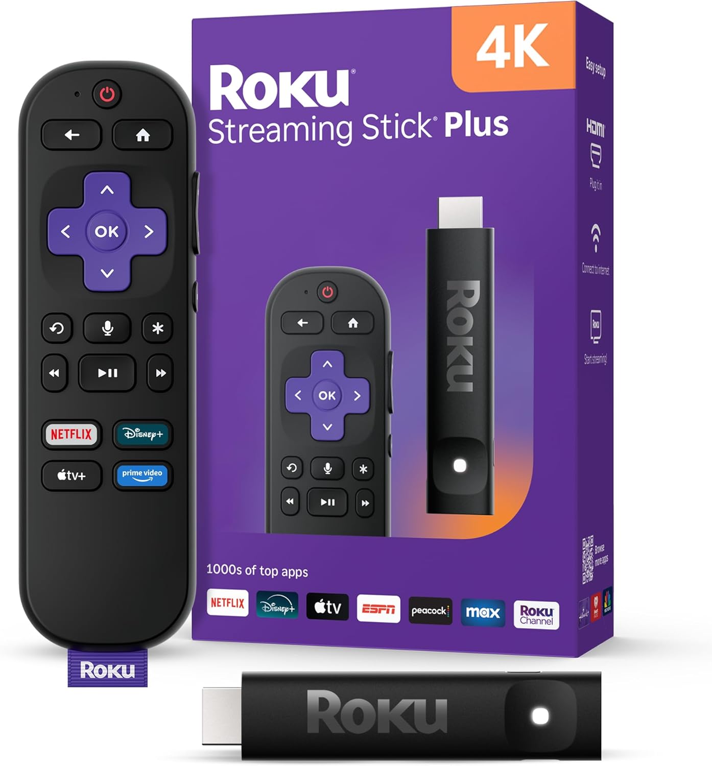 A Roku streaming stick and remote — one of the affordable streaming devices churches use to run video on room TVs
